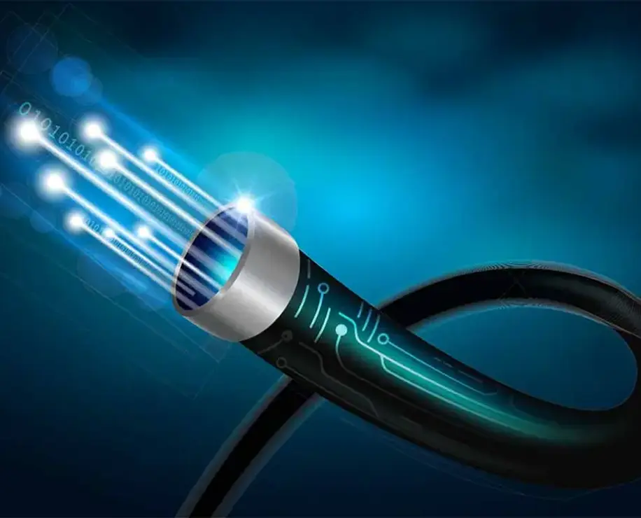 A futuristic cable with glowing data streams emitted from one end, set against a dark blue background.