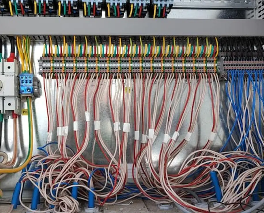 A close-up view of a complex arrangement of electrical wiring and connections inside a control panel, featuring many colorful wires and terminals.