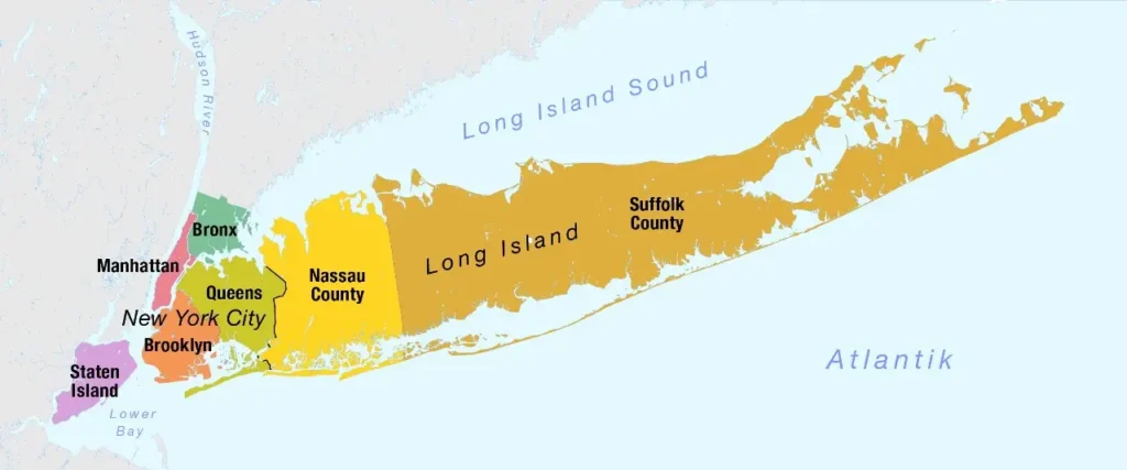 Map of Long Island, New York, showing its counties