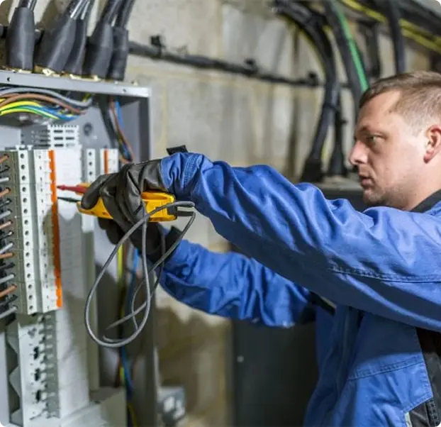 A technician working on a control panel, using tools to check or fix electrical connections.