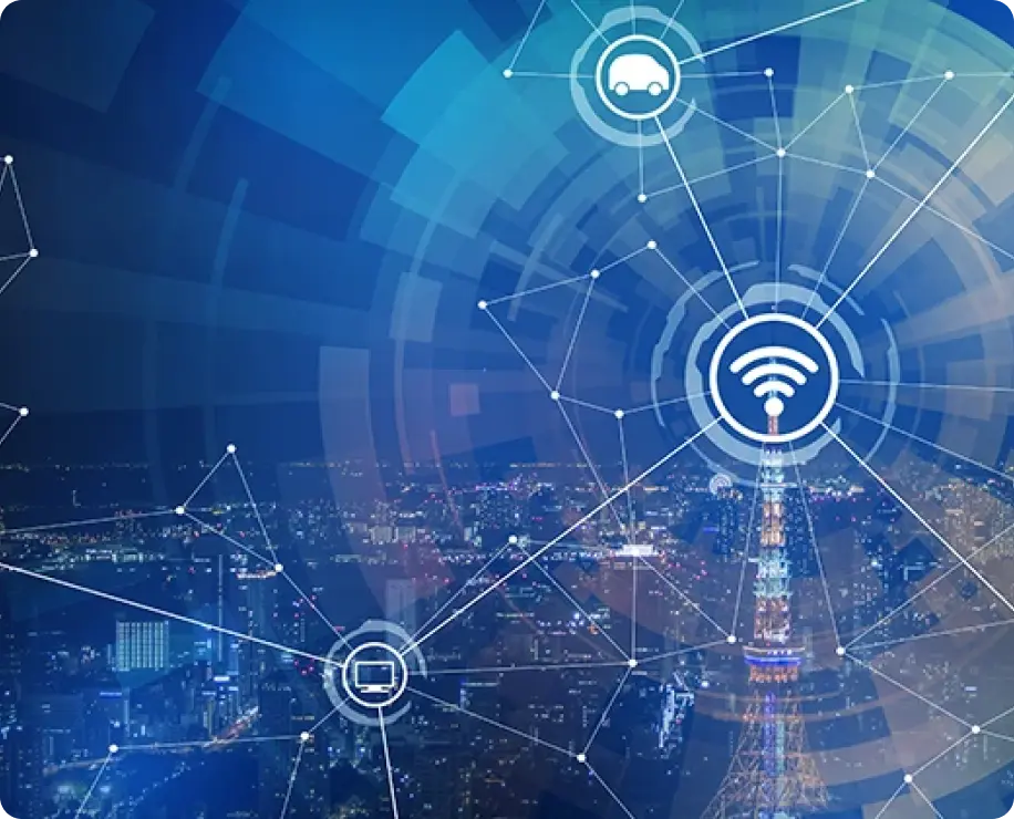 A digital cityscape at night with network connection symbols