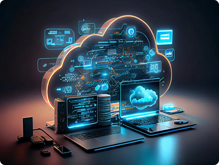 A stylized digital representation of cloud computing with glowing elements