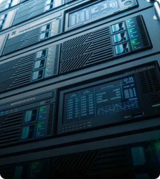 A close-up view of a server rack with multiple servers, featuring digital displays and glowing indicators.