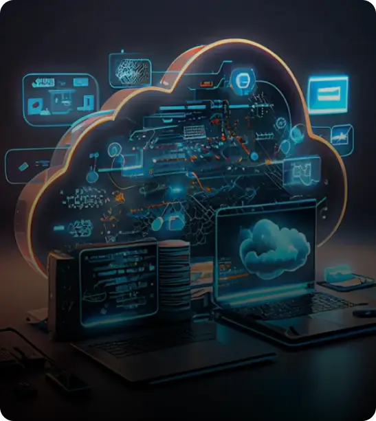 A glowing cloud symbol with digital interfaces and icons