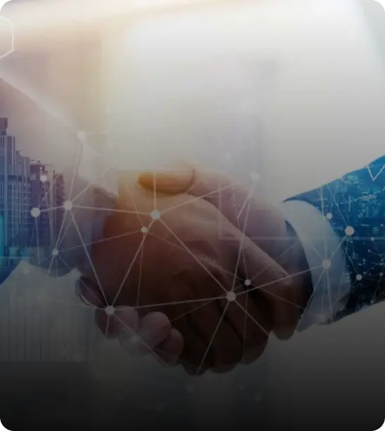 A close-up of two hands shaking, representing a business agreement, with a digital network overlay and a cityscape in the background.