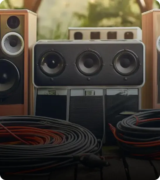 A collection of vintage speakers and audio equipment with coiled cables.