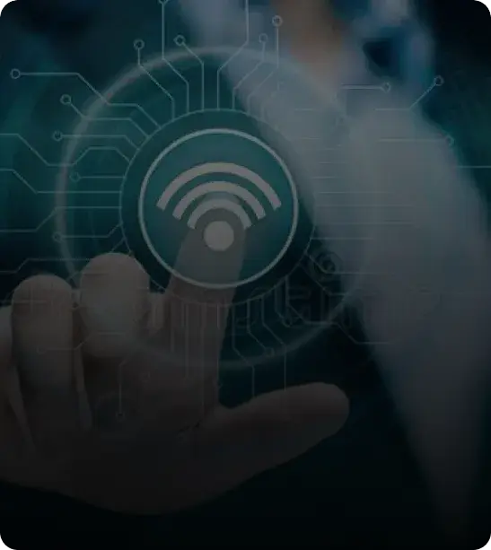 A person's hand touching a digital interface with a Wi-Fi symbol and circuit patterns in the background.