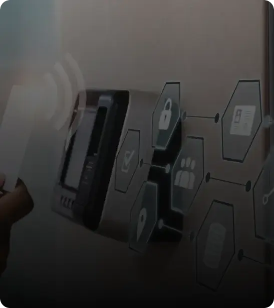 A person using a key card on a security access panel, with icons representing security features and user interactions.