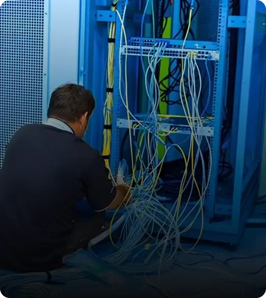 A technician working on networking equipment, with numerous cables organized and connected in a server rack.