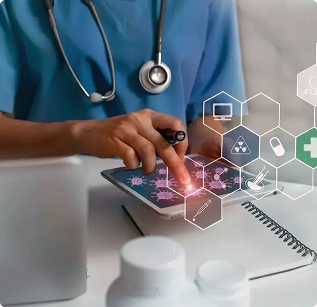 A person using a tablet with medical graphics and icons