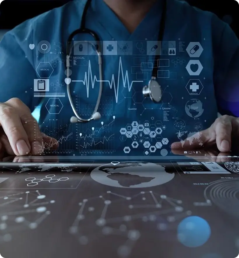 A healthcare professional in scrubs uses a tablet, with digital health icons and graphs overlaid on the image.