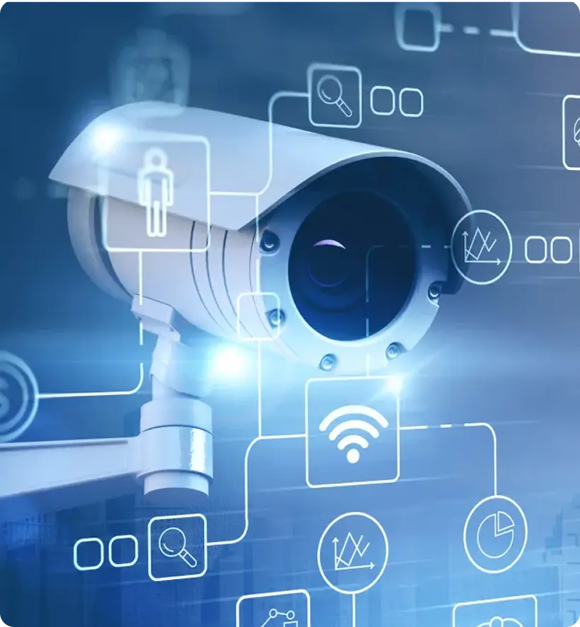 A security camera with digital icons representing data and connectivity.
