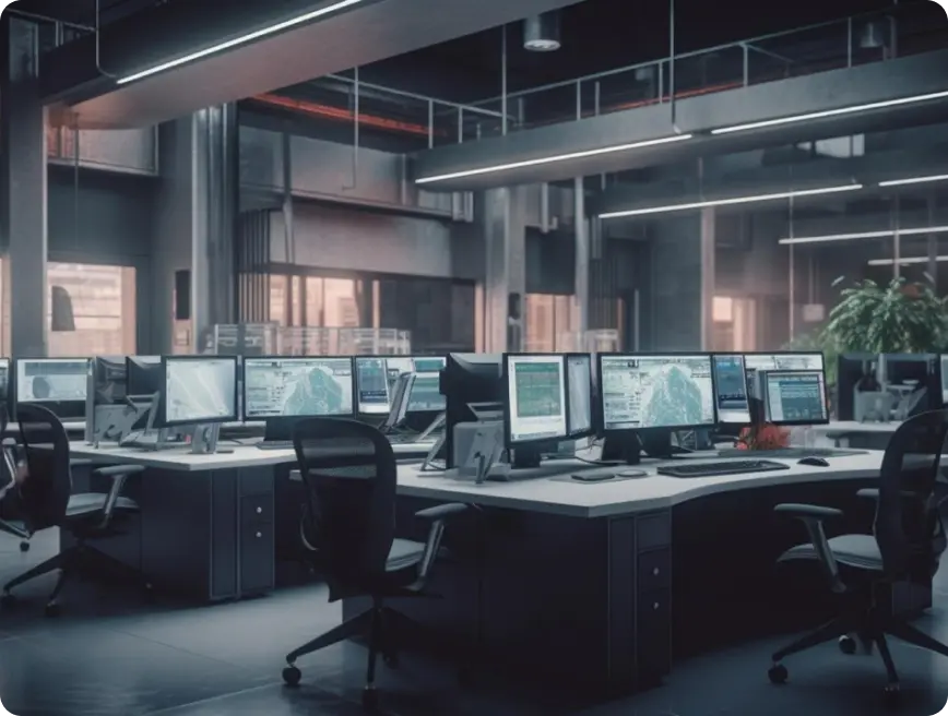 A modern office space with multiple desks