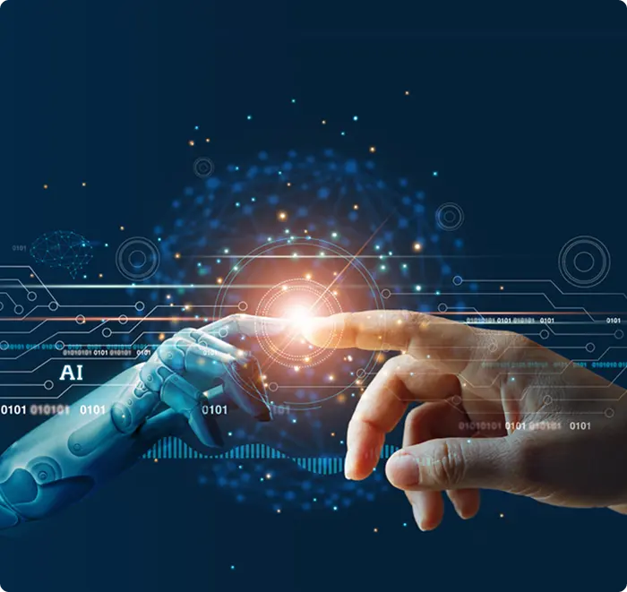 A robotic hand and a human hand reaching towards each other