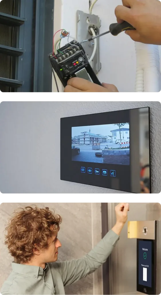 Three images: the first shows a person using a screwdriver on an electrical panel