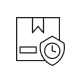 A line drawing of a package with a tag and a shield featuring a clock.