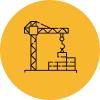 Construction crane icon on a yellow circular background.