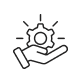 A line art illustration of a hand holding a gear, with rays of light surrounding it.