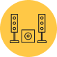 Icon of two tall speakers on either side of a subwoofer, set against a yellow background.