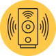 Icon of a speaker with sound waves emanating from it, set against a yellow background.