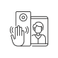 An illustration of a hand in front of a doorbell camera, with a user image displayed on the screen.