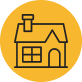 A simple line drawing of a house inside a yellow circle.