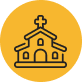 An outline of a church within a circular orange background.