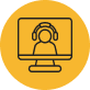 An outline of a person wearing headphones in front of a computer screen on a yellow background.