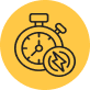 A stopwatch icon with a lightning bolt, set against a yellow background.