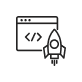 A simple line drawing of a rocket next to a computer window with code brackets.