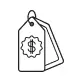 A simple line drawing of a price tag with a dollar sign on it.