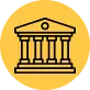 Icon of a classical building with columns set against a yellow circular background.