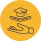 A hand reaching out towards a graduation cap above an open book,