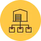 Icon of a warehouse with lines connecting to three boxes below