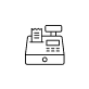 A simple outline illustration of a cash register with a receipt.