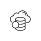 A simple line drawing of a cloud above a cylindrical data storage tower with a sphere beside it.