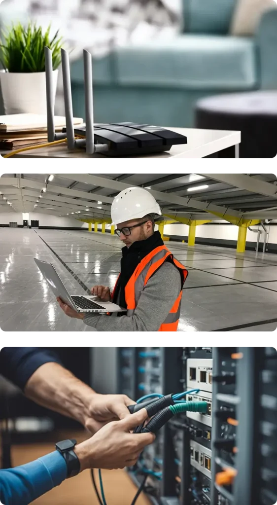 Three images: the first shows a router and plants on a table