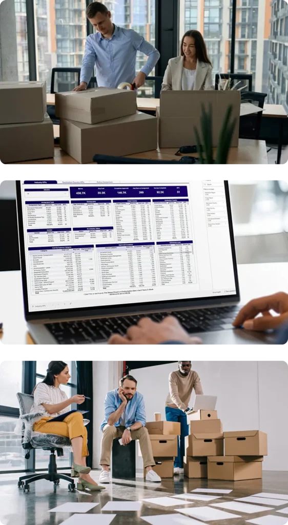 A collage of three images: the first image shows two people organizing boxes in an office