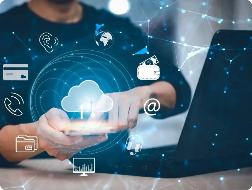 A person using a smartphone with various digital icons representing cloud computing, communication, and technology in the background.