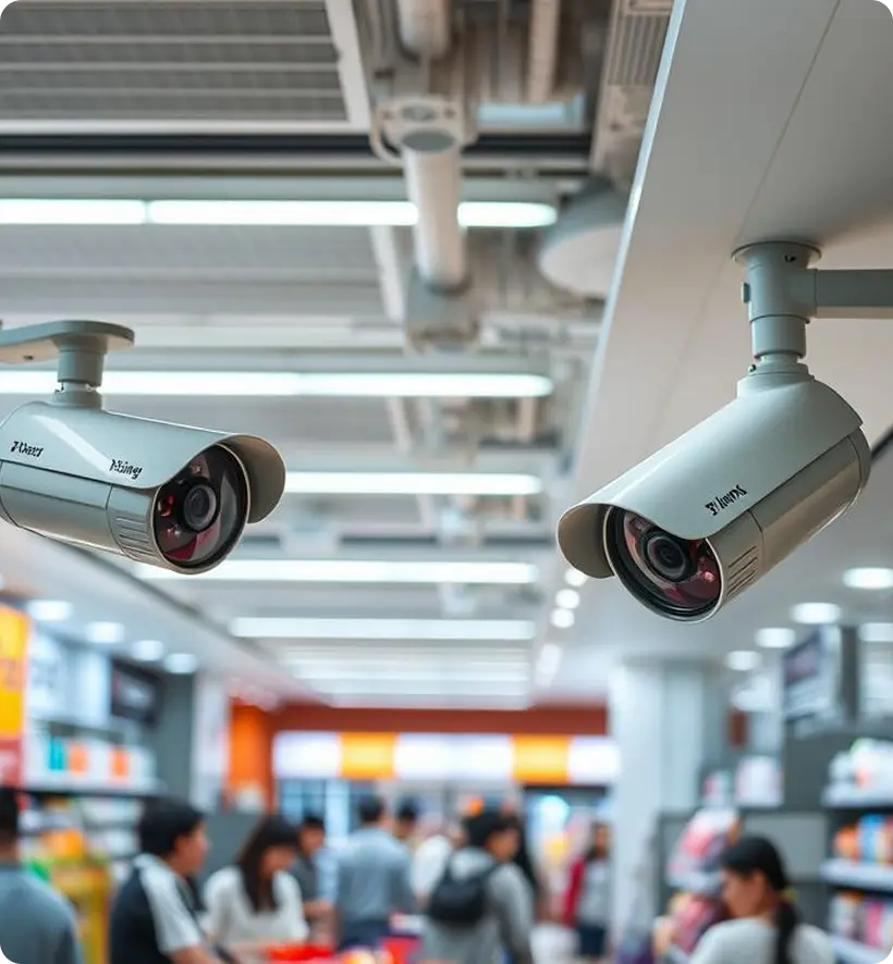 Surveillance cameras mounted on a ceiling, overlooking a busy store environment.