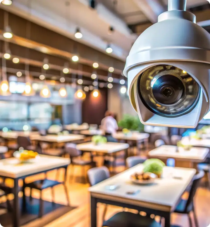 A close-up of a security camera in a modern restaurant setting with blurred tables and chairs in the background.
