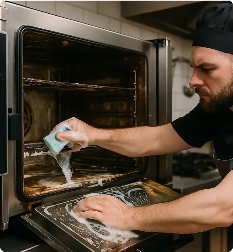 A man in a black chef's uniform is cleaning the inside of an oven with a sponge, applying soap and water.