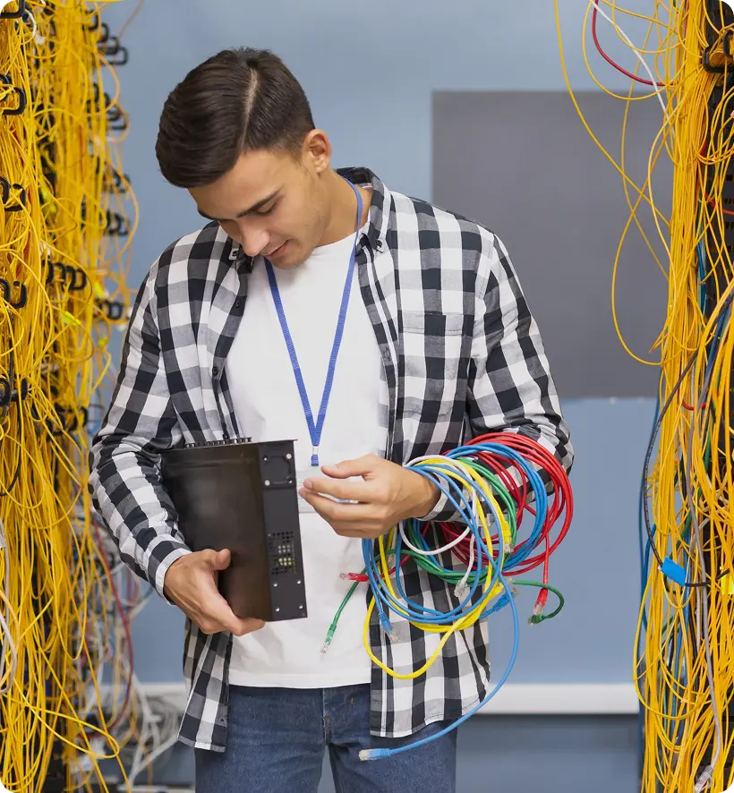 A technician holding a device and colorful cables in a server room.