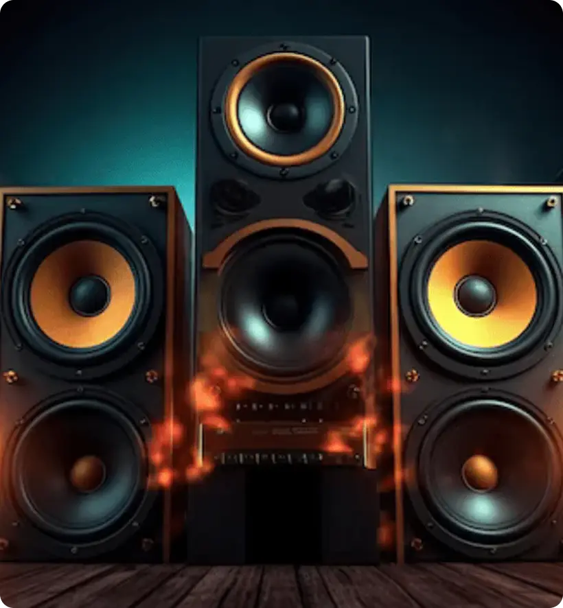 A set of three audio speakers of varying sizes