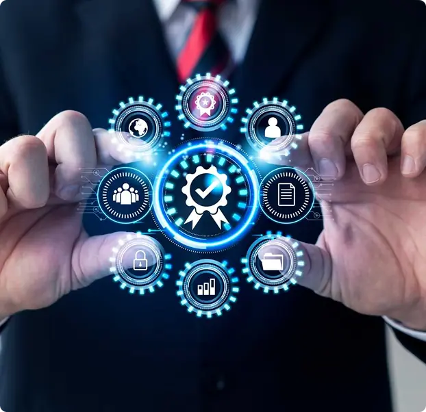 A person in a suit holding a digital interface with various icons representing technology, data security, and certifications.